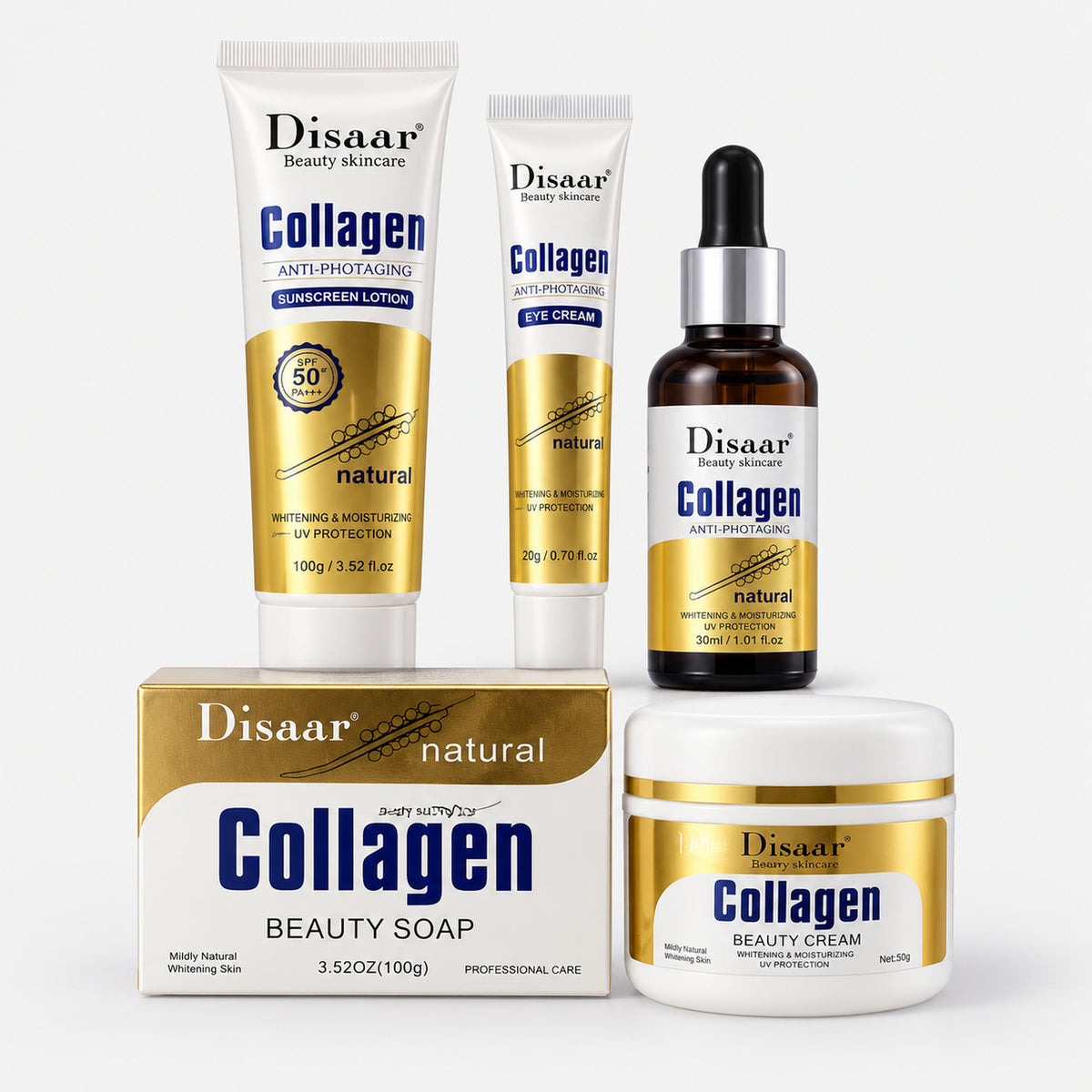 Collagen skin care set: sunscreen lotion, eye cream, face serum, beauty soap and beauty cream