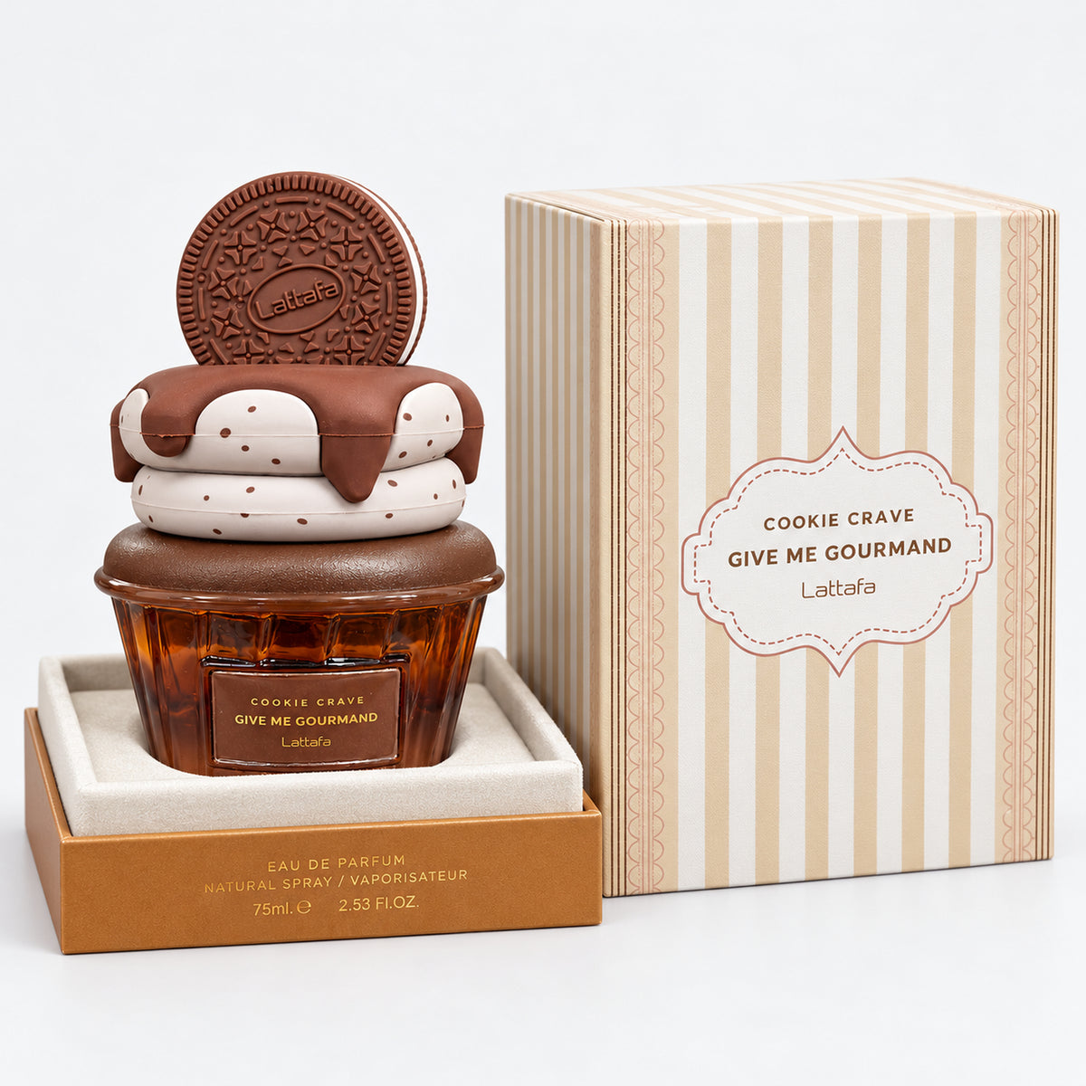 Cookie Crave cupcake perfume next to its striped gift box