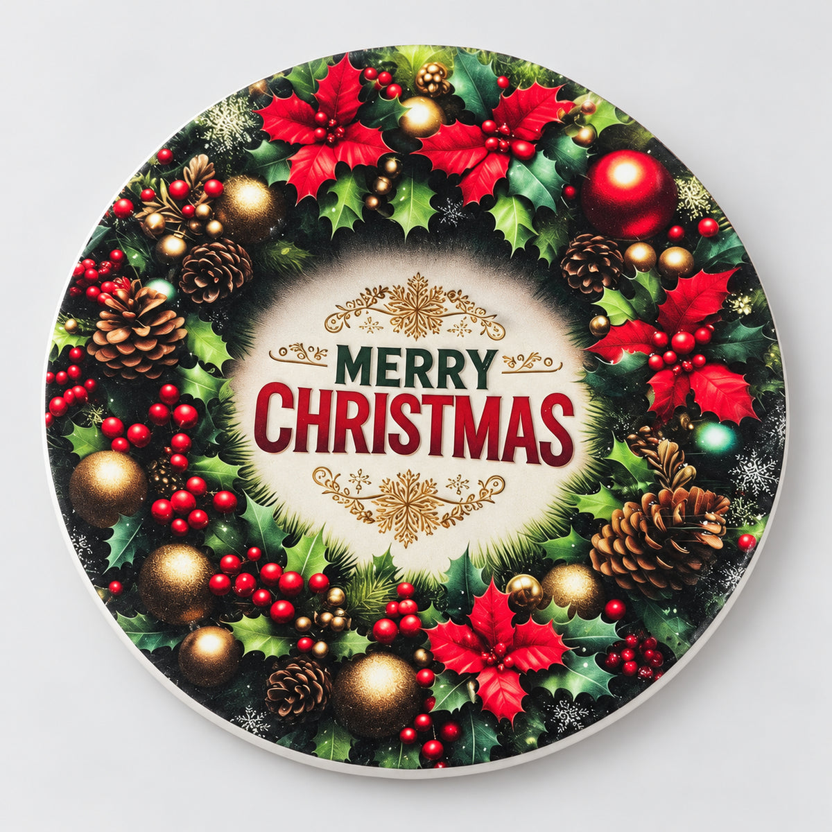 Round Christmas coaster with a dark festive wreath, ornaments and Merry Christmas