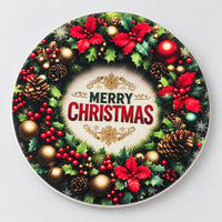 Round Christmas coaster with a dark festive wreath, ornaments and Merry Christmas