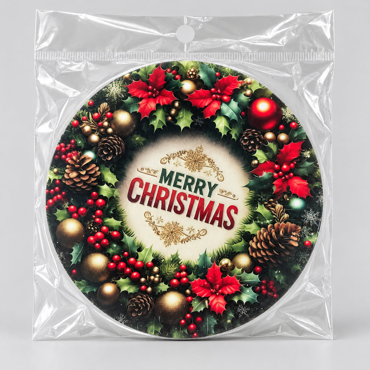 Festive wreath coaster in a clear bag