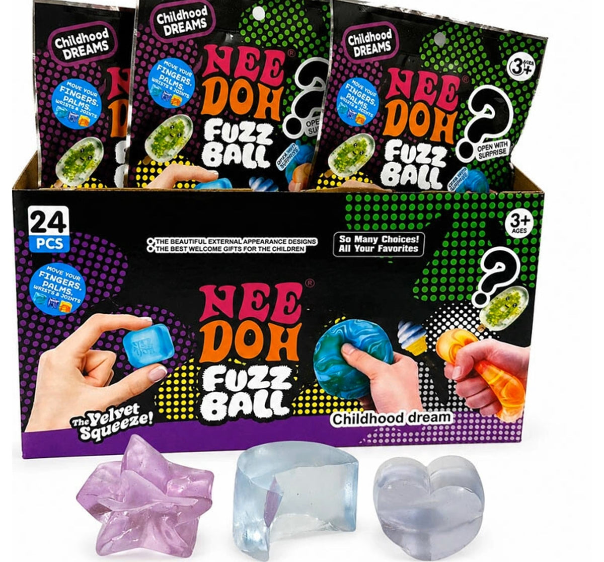 Fuzz ball mystery bags with squishies in different shapes