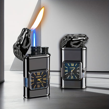 Dual-Flame Horse-Head Lighter w/ Built-In Watch