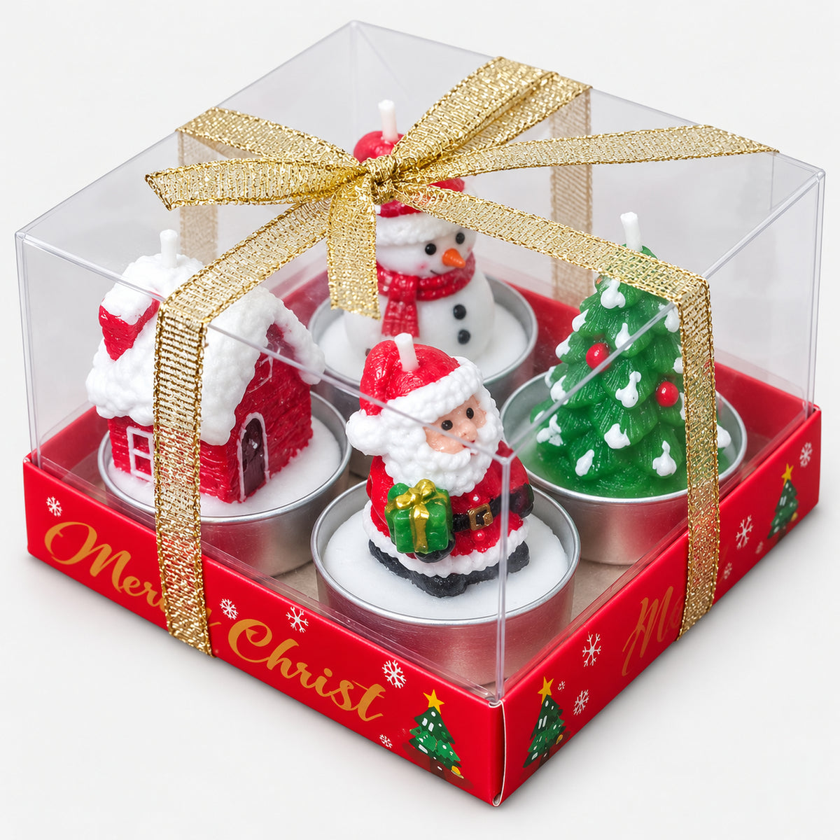 Christmas tea light candle set in a clear box with a gold ribbon