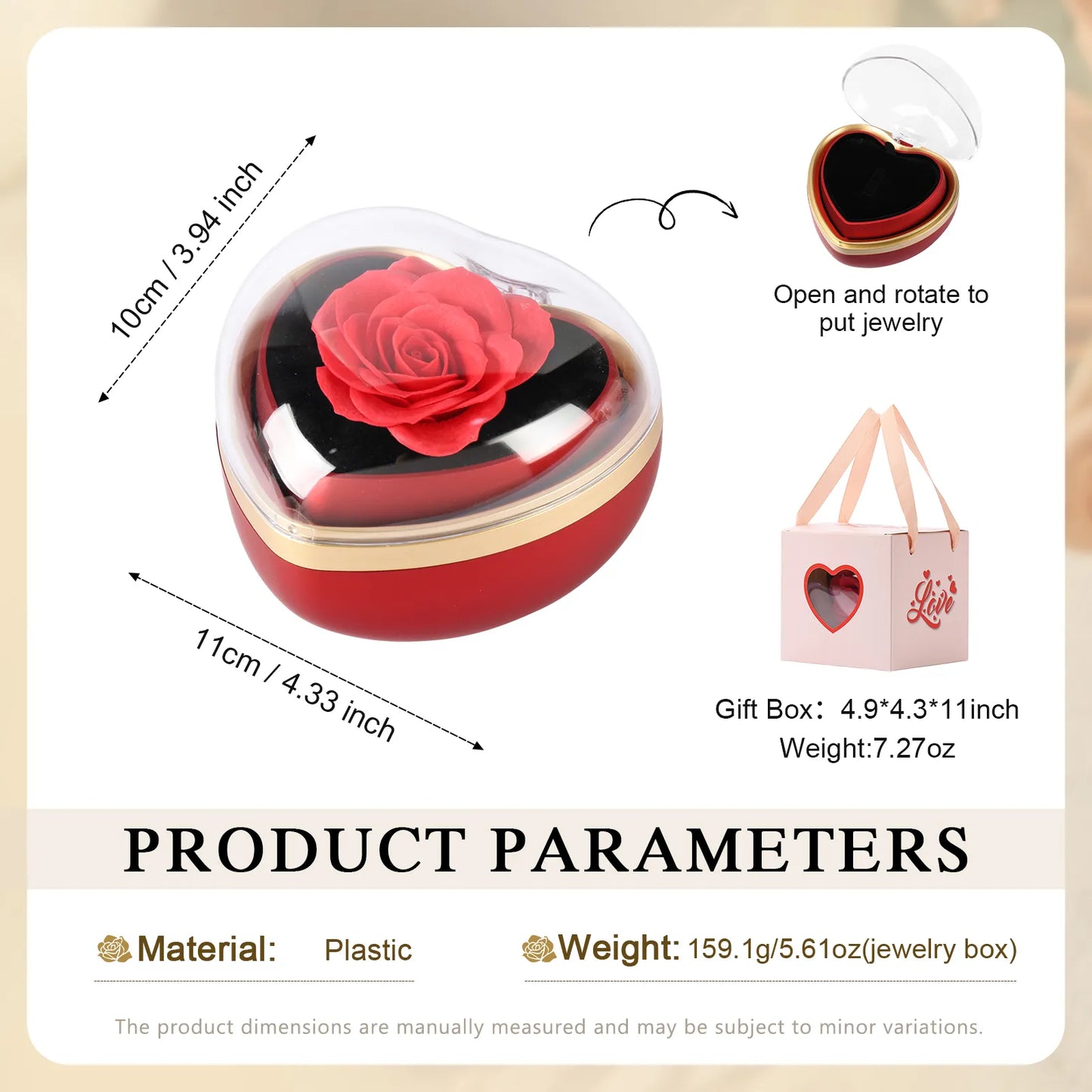 Heart-Shaped Rose Flip Rotating Ring Jewelry Box