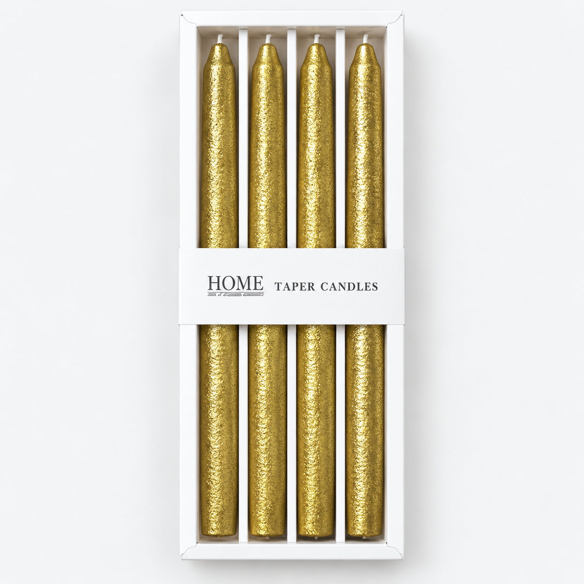 Gold metallic taper candles in their window box