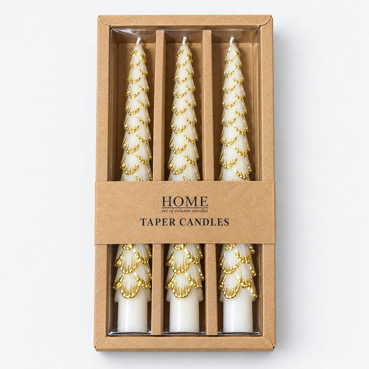 Gold Christmas tree taper candles in a kraft window box
