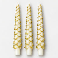 3 white Christmas tree taper candles with gold tips