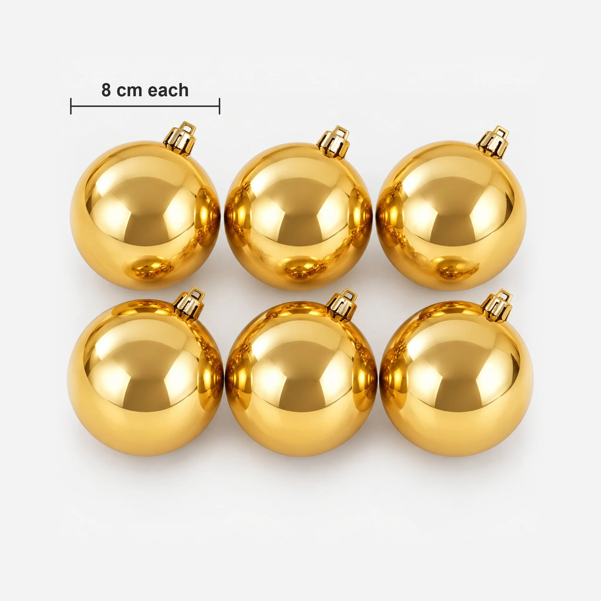 Gold Christmas balls size: 8 cm wide each, pack of 6