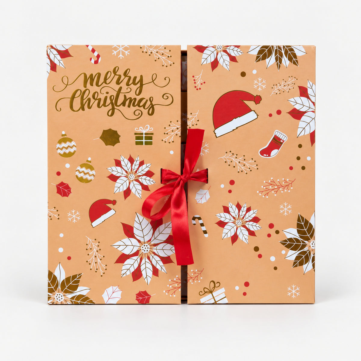 Gold Christmas advent calendar gift box with poinsettias and a red ribbon