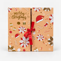 Gold Christmas advent calendar gift box with poinsettias and a red ribbon