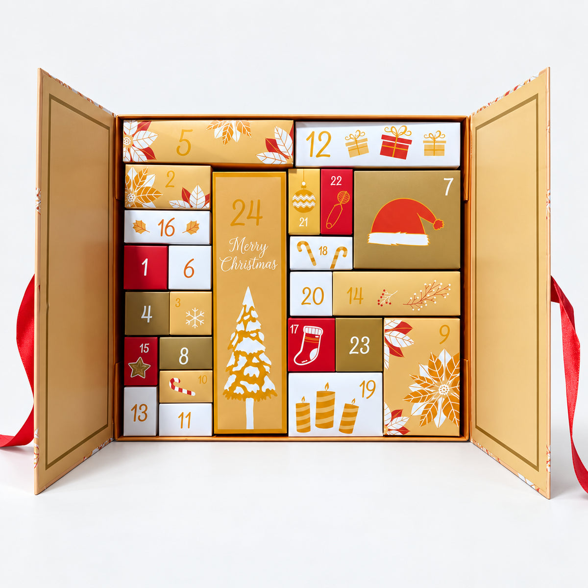 Gold Christmas advent calendar gift box open with 24 numbered compartments