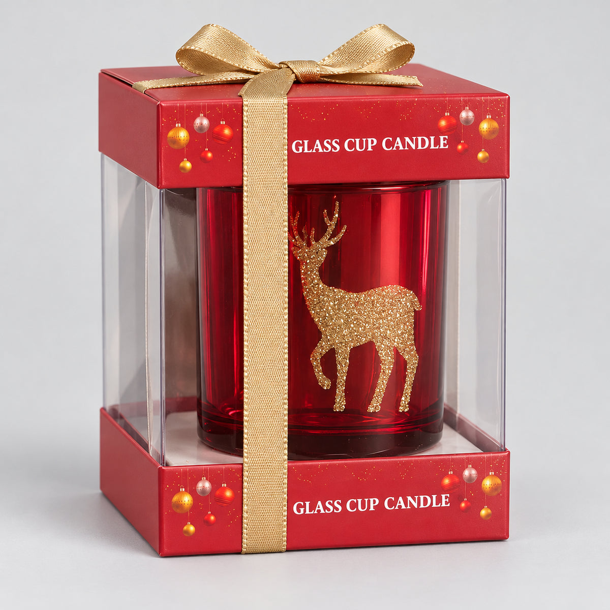 Red glass reindeer candle in a Glass Cup Candle gift box with a gold ribbon