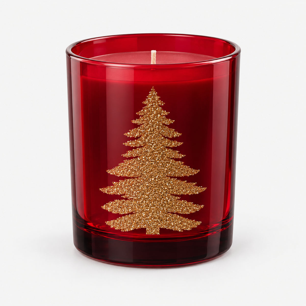 Red glass Christmas candle with a gold glitter tree