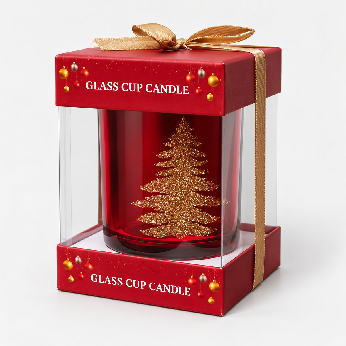 Red glass Christmas candle in a gift box with a gold ribbon