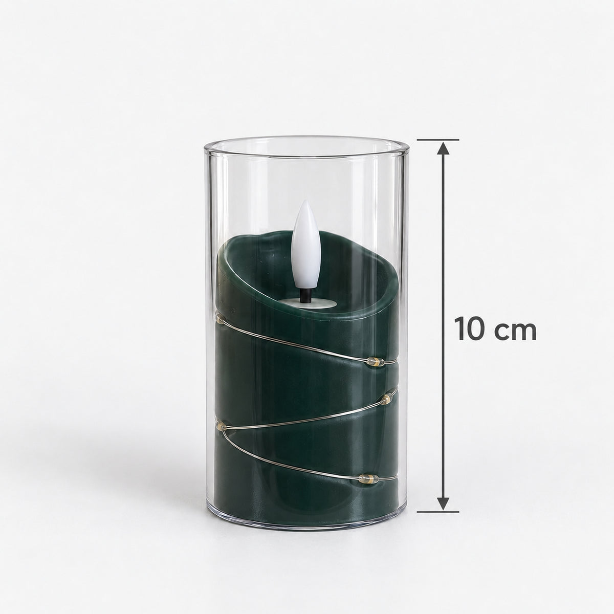 Green LED candle cup with fairy lights measuring 10cm tall