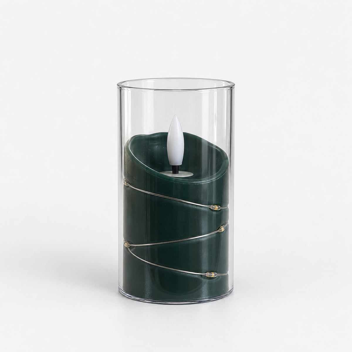 Green 10cm LED candle in a clear cup with fairy lights, switched off