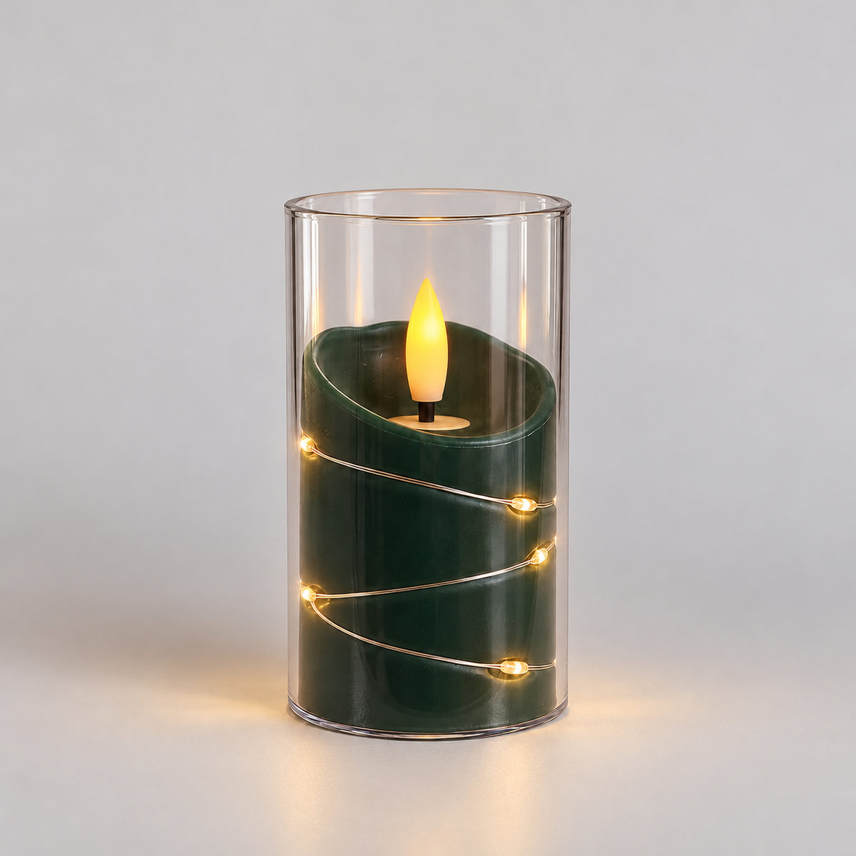 Green 10cm LED candle cup glowing with warm fairy lights