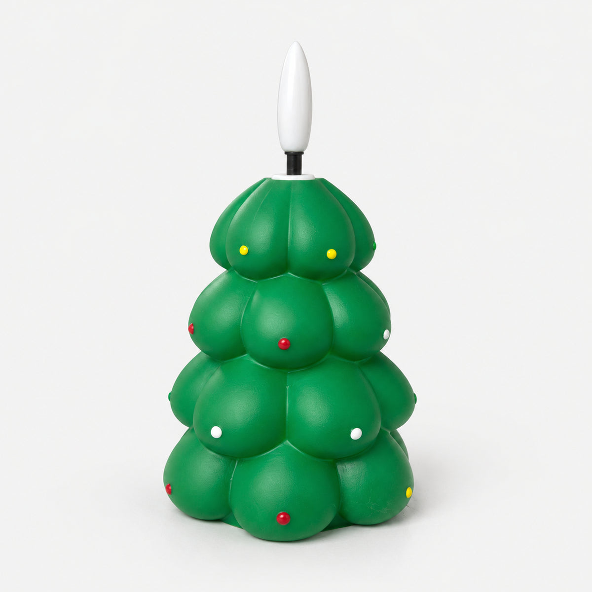 Green Christmas tree LED candle with colorful dots, switched off