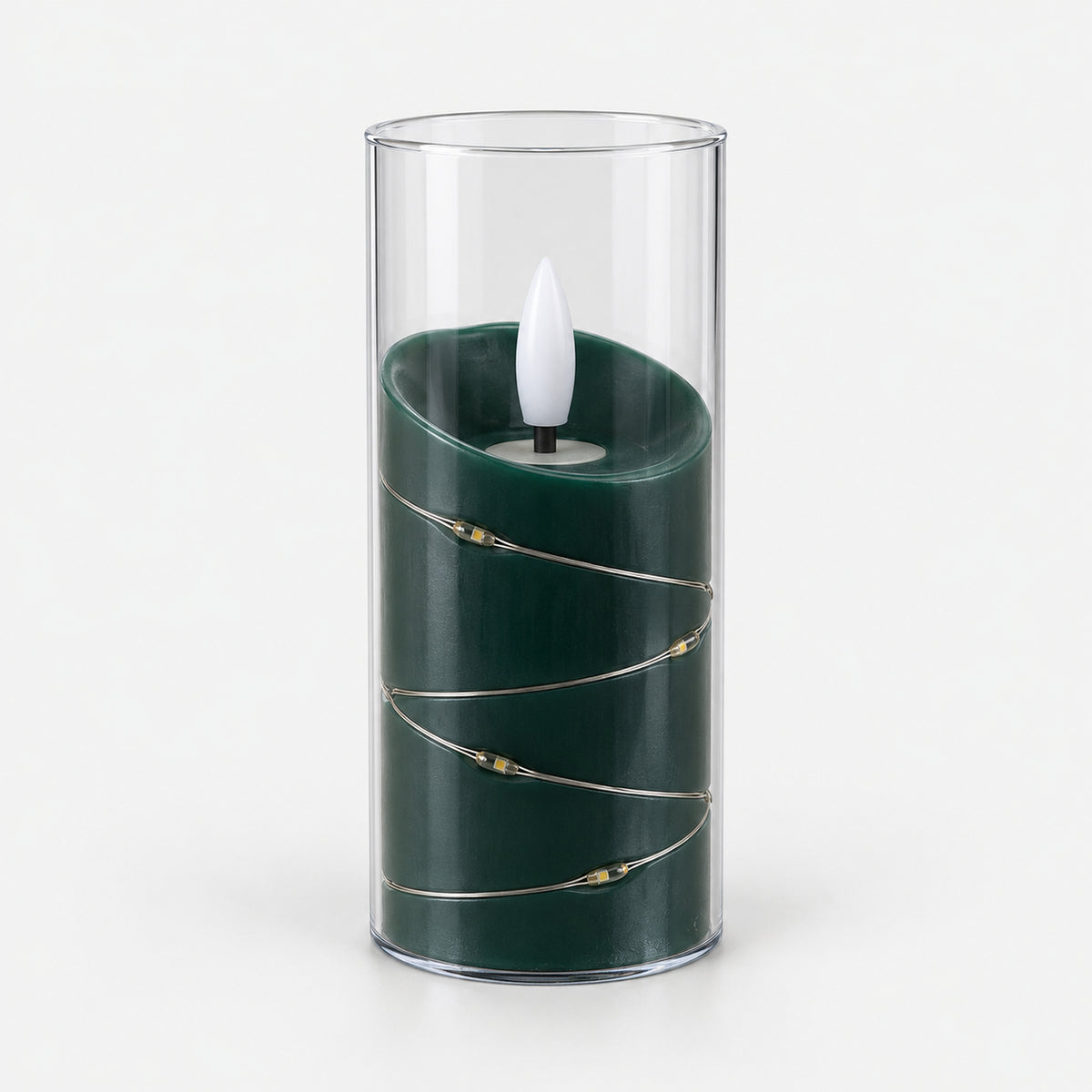 Green 12.5cm LED candle in a clear cup with fairy lights, switched off