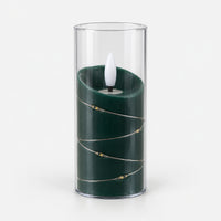Green 12.5cm LED candle in a clear cup with fairy lights, switched off
