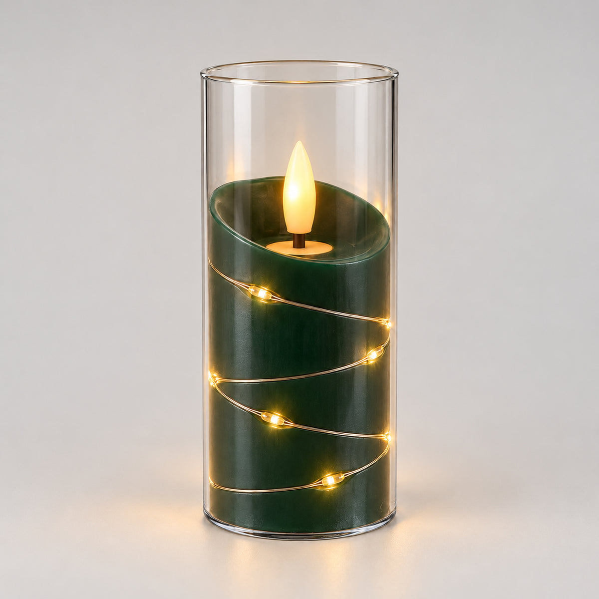 Green 12.5cm LED candle cup glowing with warm fairy lights