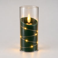 Green 12.5cm LED candle cup glowing with warm fairy lights