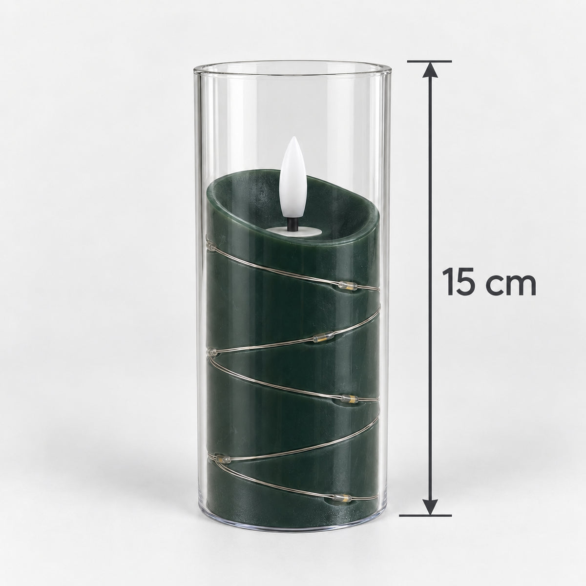 Green LED candle cup with fairy lights measuring 15cm tall