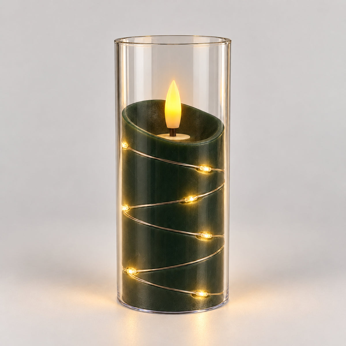 Green 15cm LED candle cup glowing with warm fairy lights