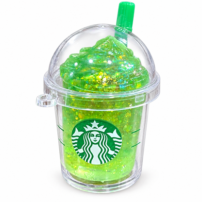 Green glitter coffee cup squishy in a clear keychain case