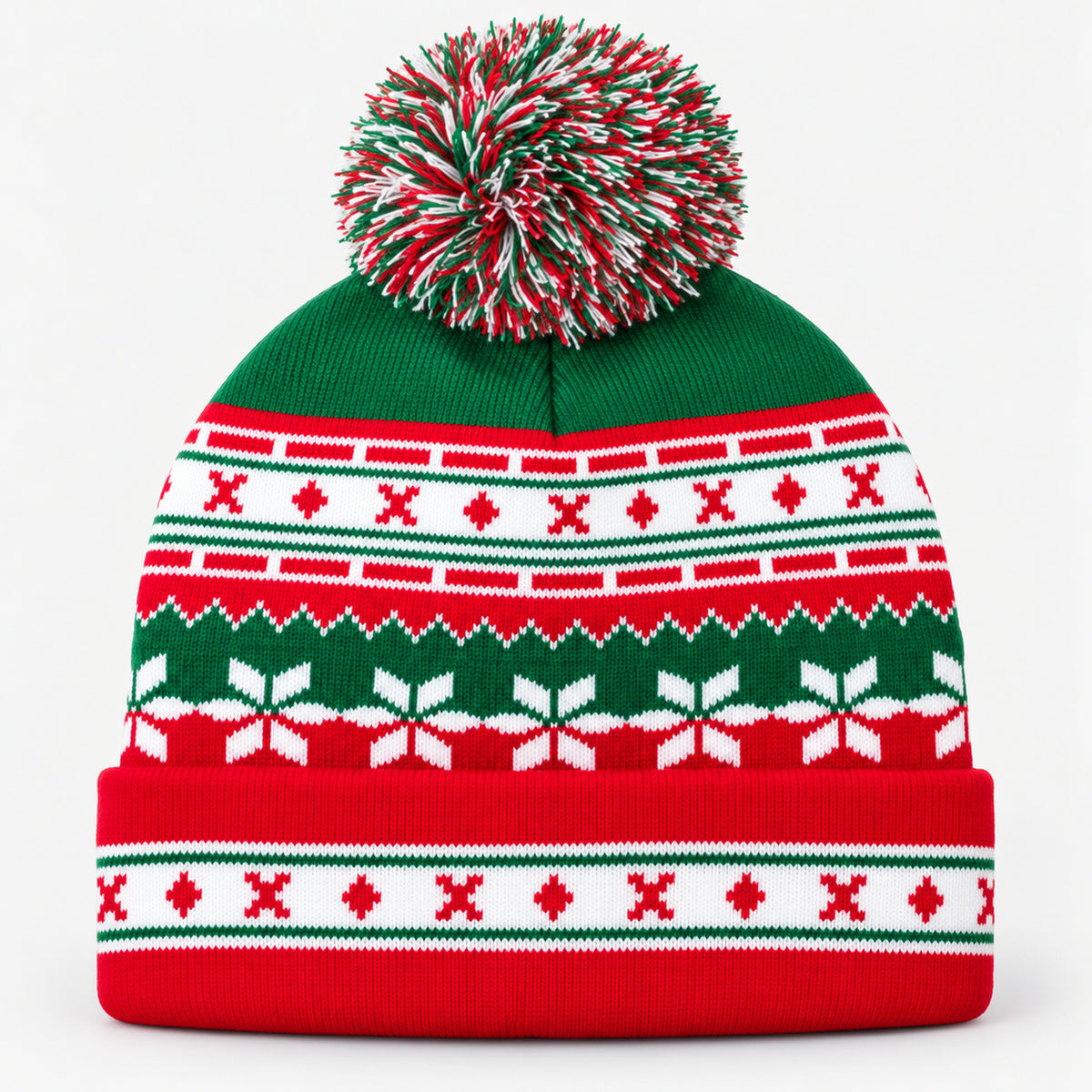 Green and red Fair Isle Christmas knit beanie with a pom pom