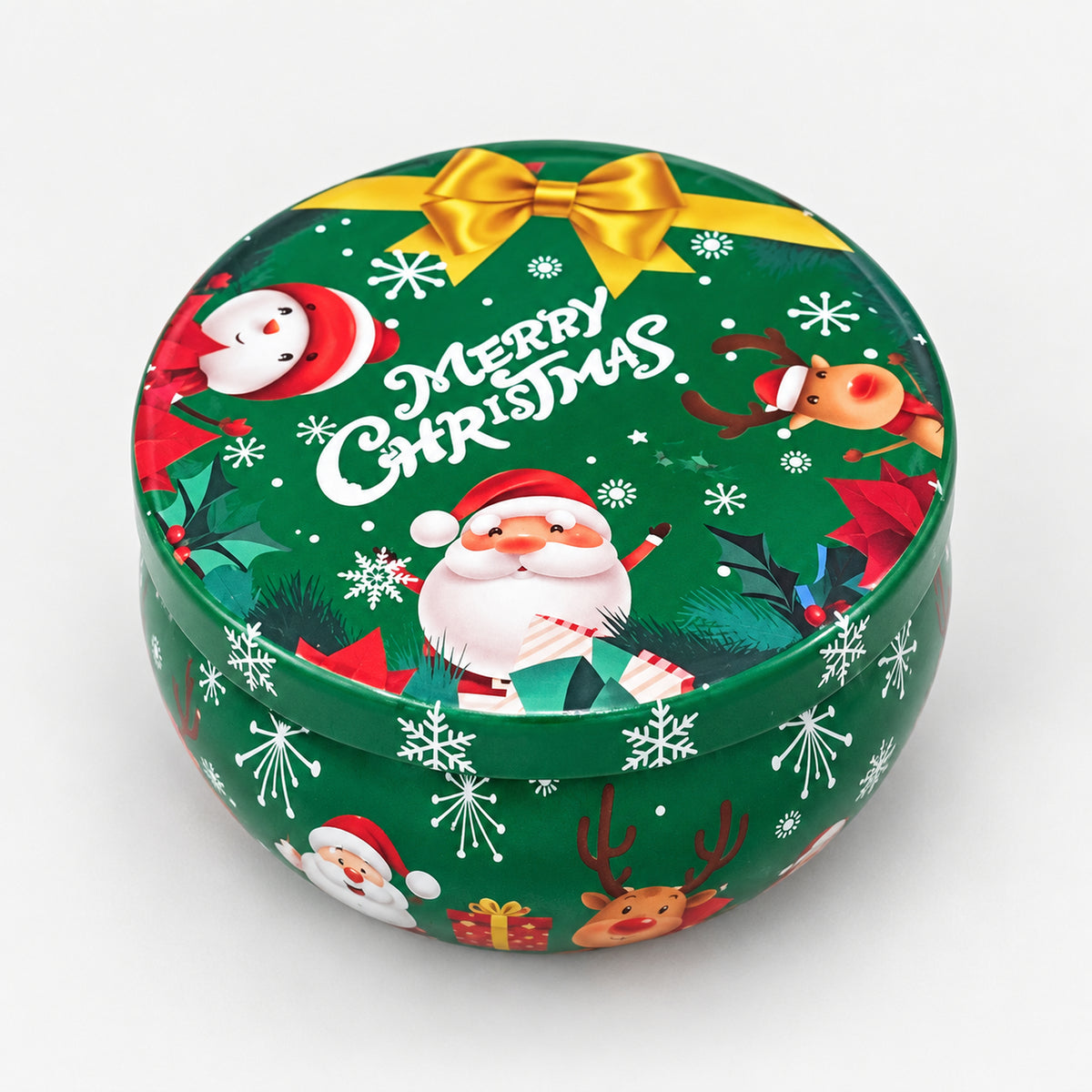 Green Merry Christmas candle tin with Christmas characters