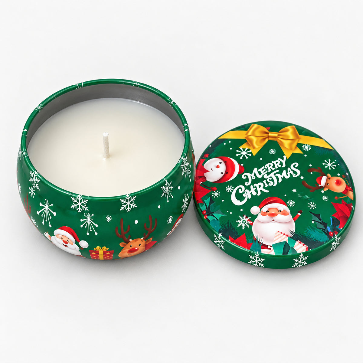 Green Merry Christmas candle tin with Christmas characters, open with a white candle inside