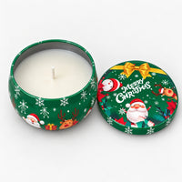 Green Merry Christmas candle tin with Christmas characters, open with a white candle inside