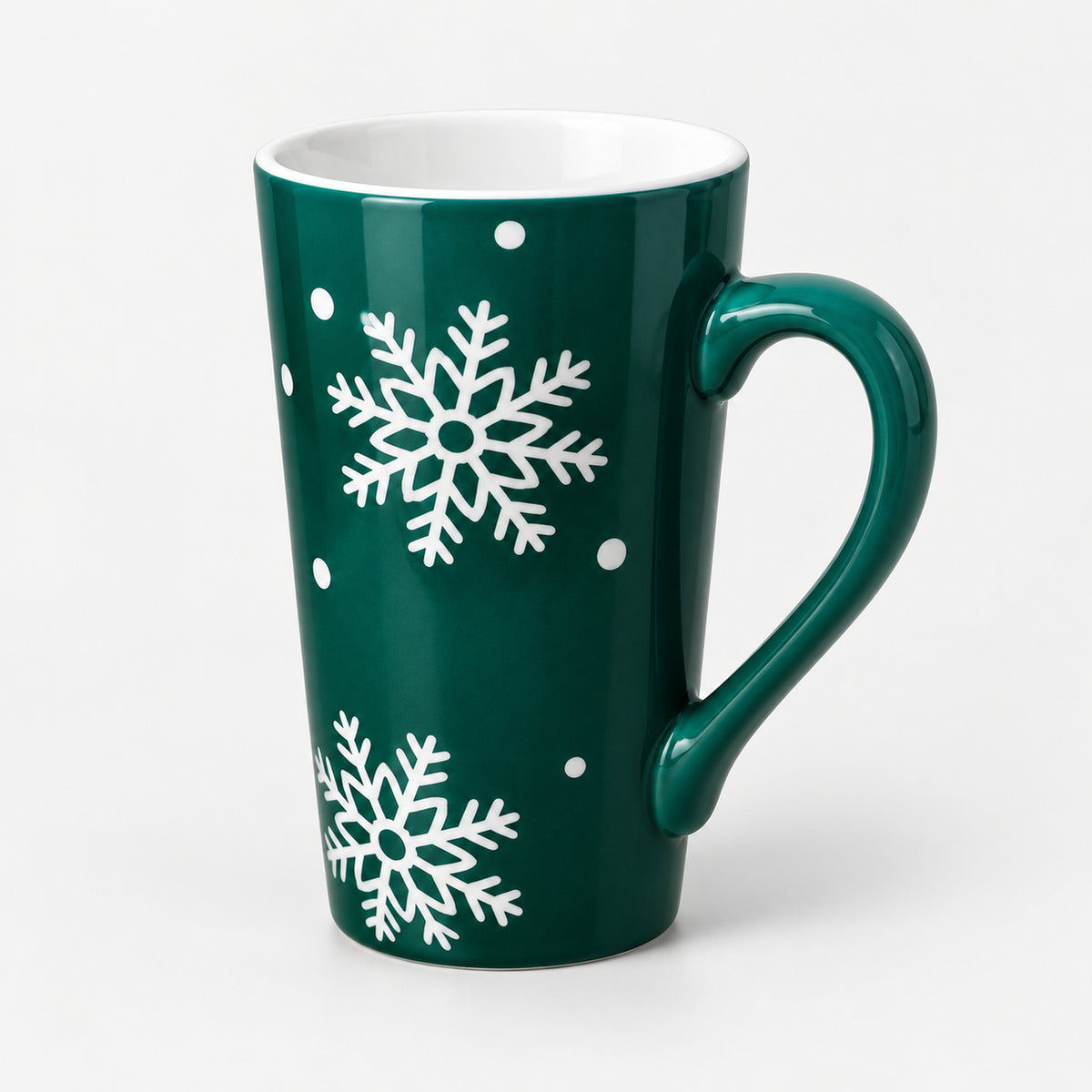 Green Christmas mug with white snowflakes and dots
