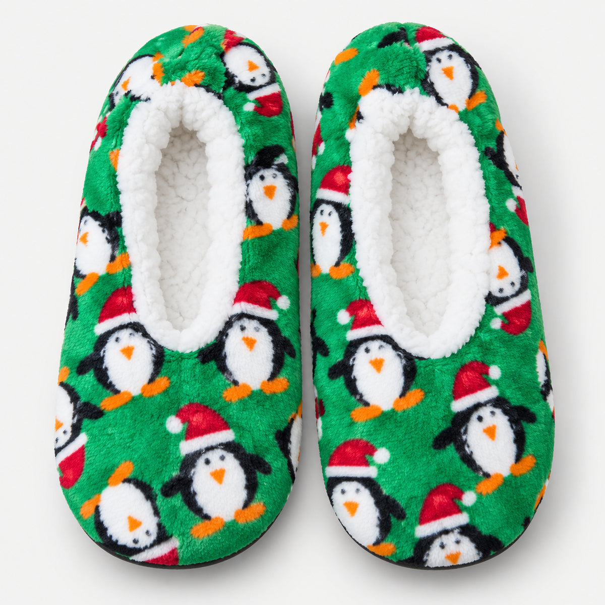 Green Christmas slippers with a penguin print