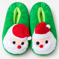 Green Christmas slippers with a fluffy 3D Santa face and green lining