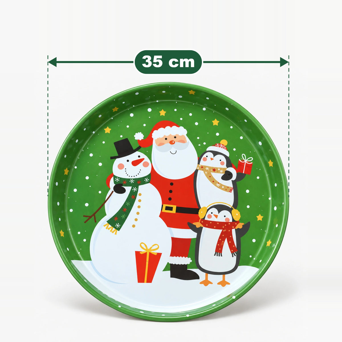 Green round Santa serving tray measuring 35 cm across