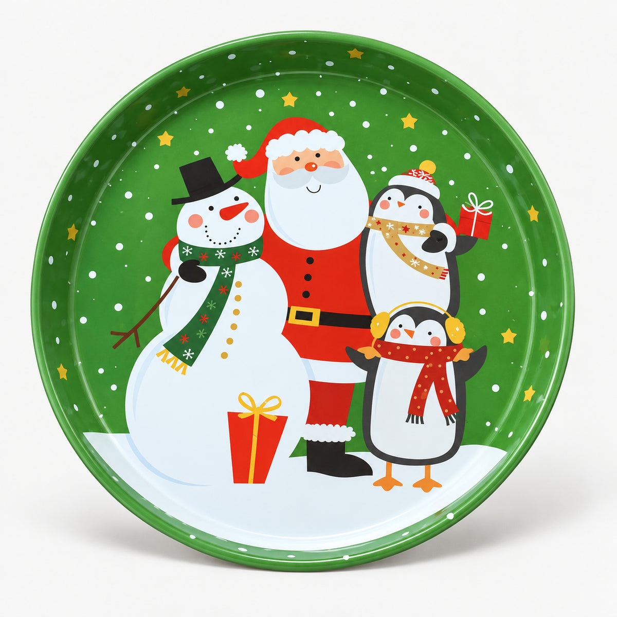 Green round Christmas serving tray with Santa, a snowman and penguins