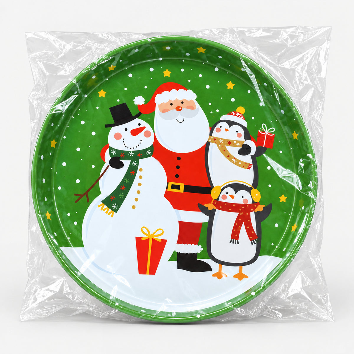 Green round Santa serving tray in its clear wrap