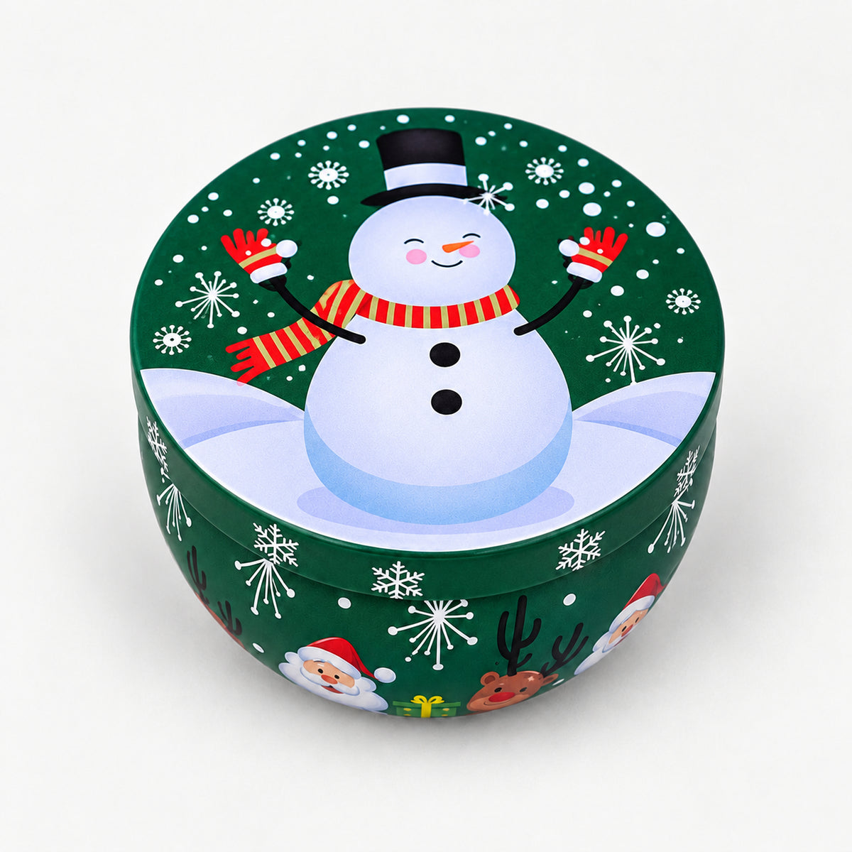Green Christmas candle tin with a snowman