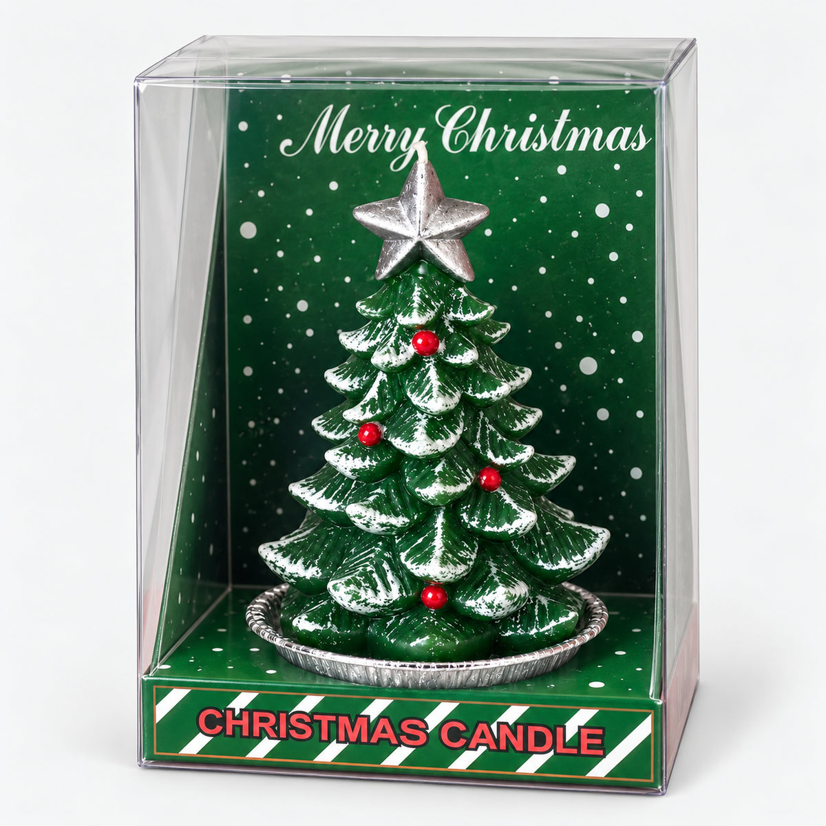 Green Christmas tree candle in a clear Merry Christmas gift box