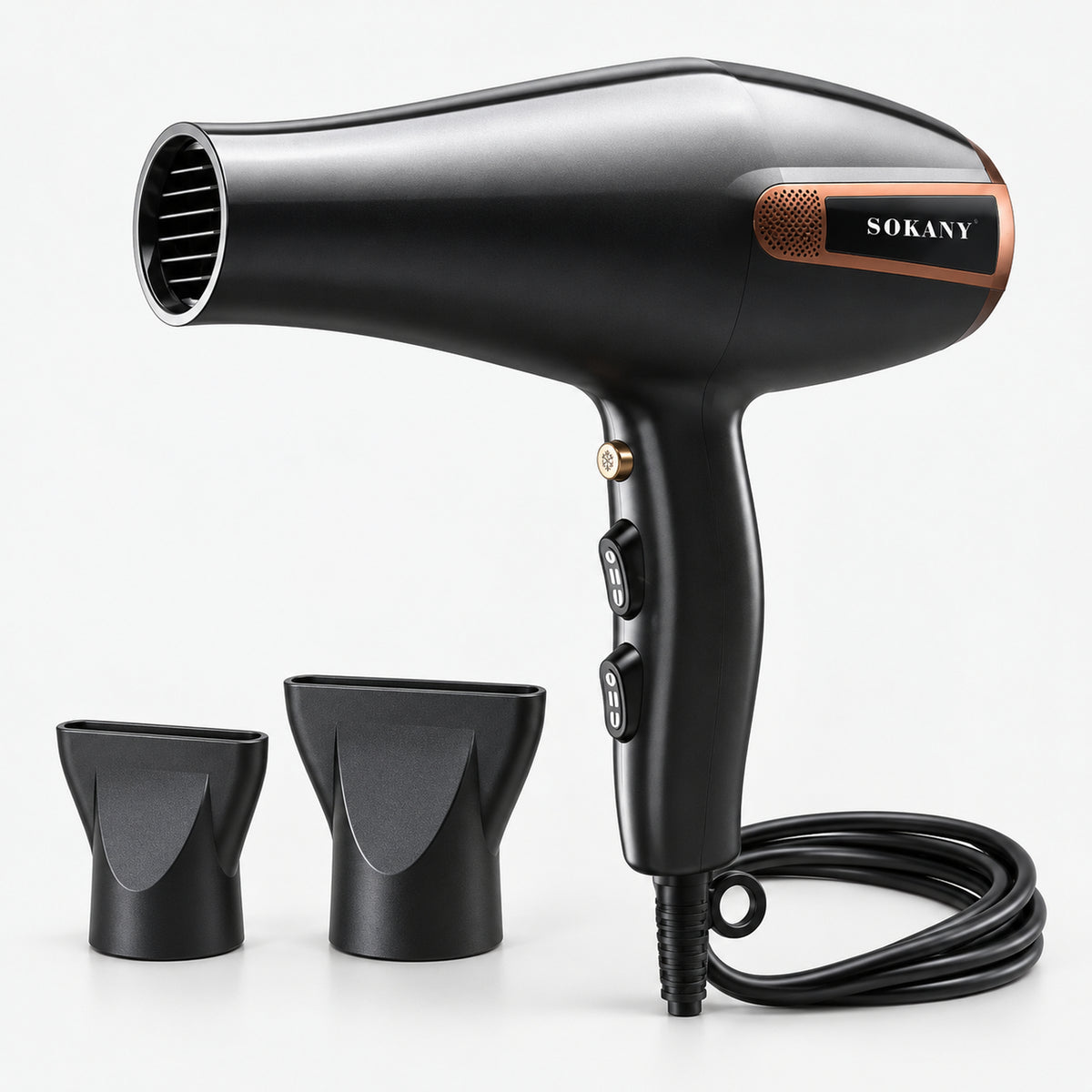 Black and copper 2400W hair dryer with 2 concentrator nozzles