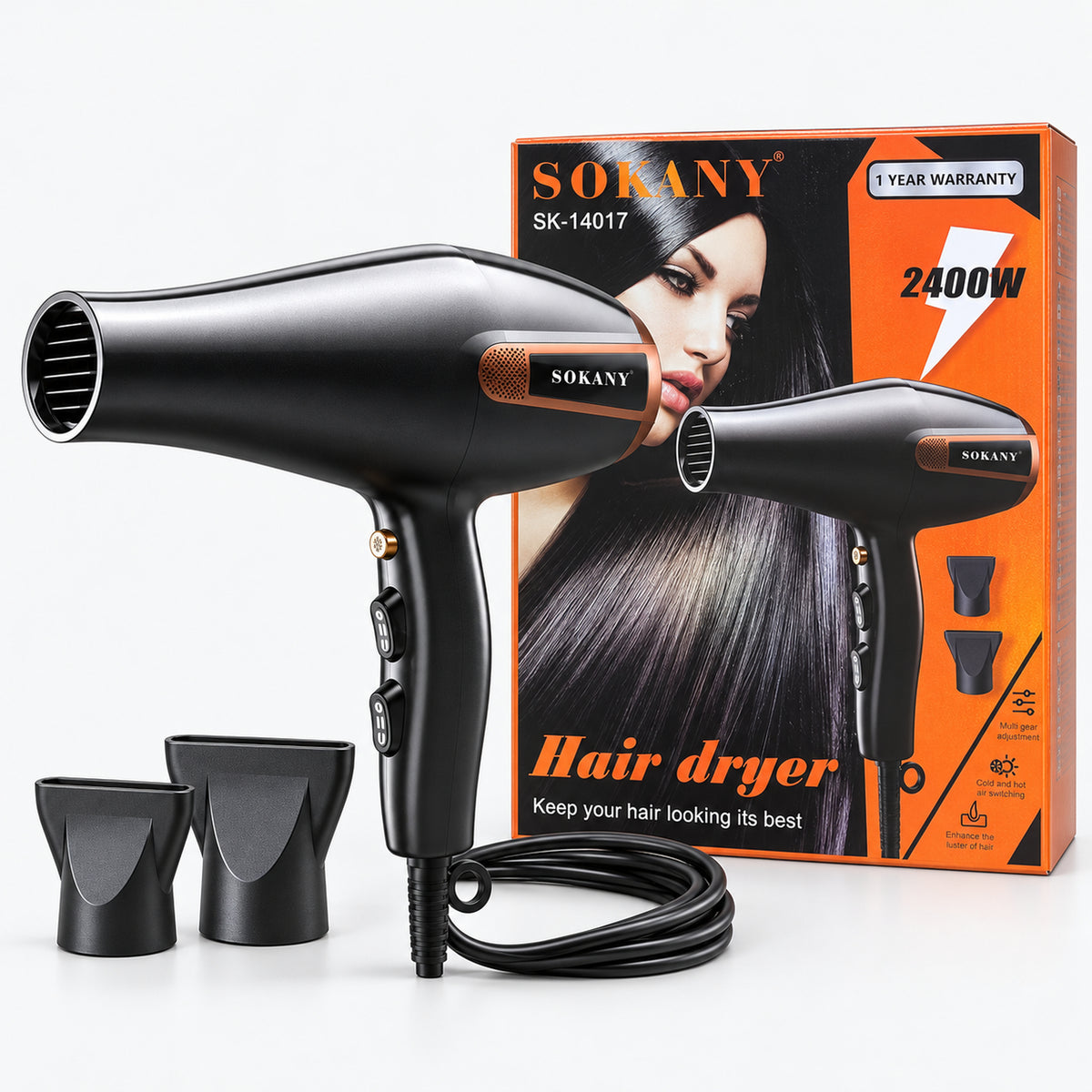 2400W hair dryer with 2 nozzles and its box