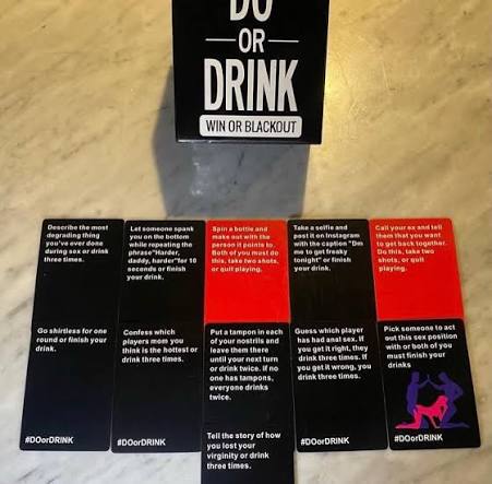 DO OR DRINK challenge cards laid out on a table