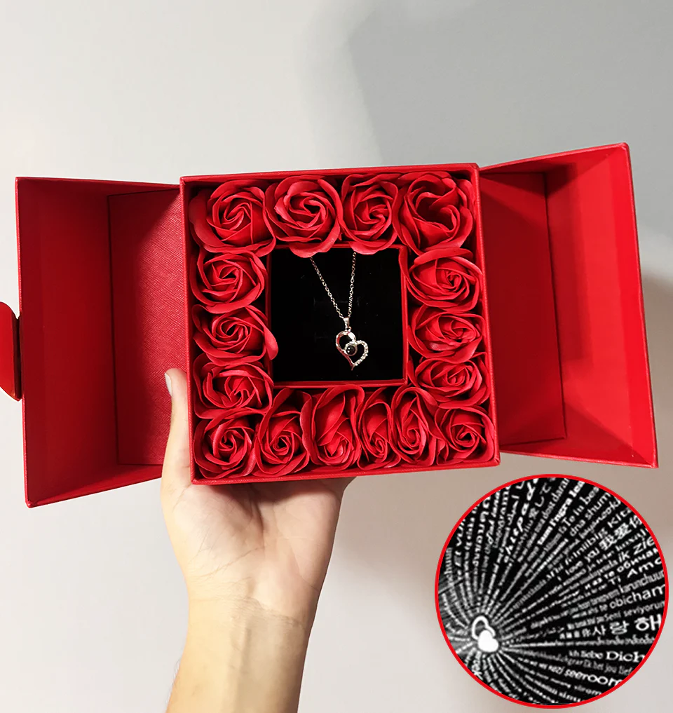 Rose Box + “I Love You” Necklace in 100 Languages