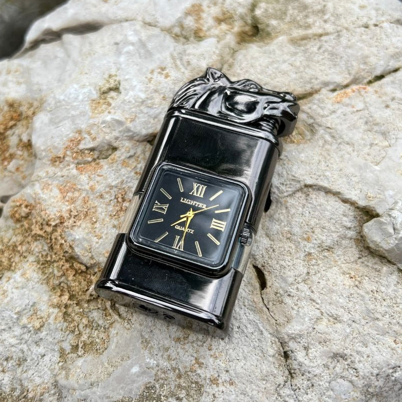 Dual-Flame Horse-Head Lighter w/ Built-In Watch