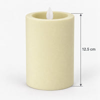 Ivory white LED pillar candle measuring 12.5 cm tall