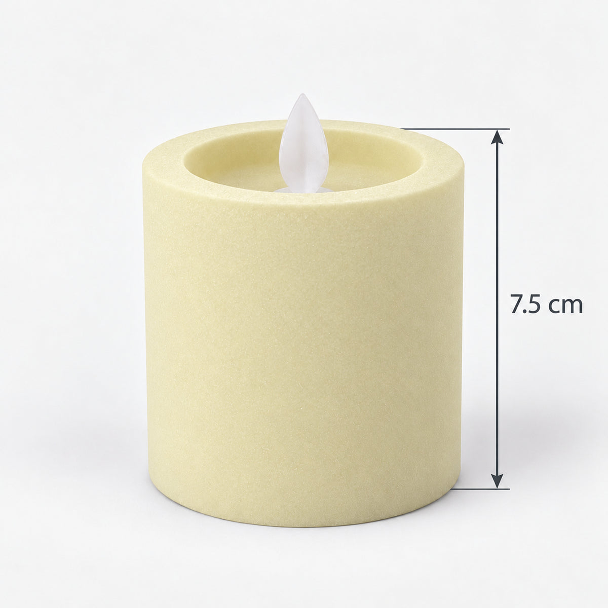 Ivory white LED pillar candle measuring 7.5 cm tall