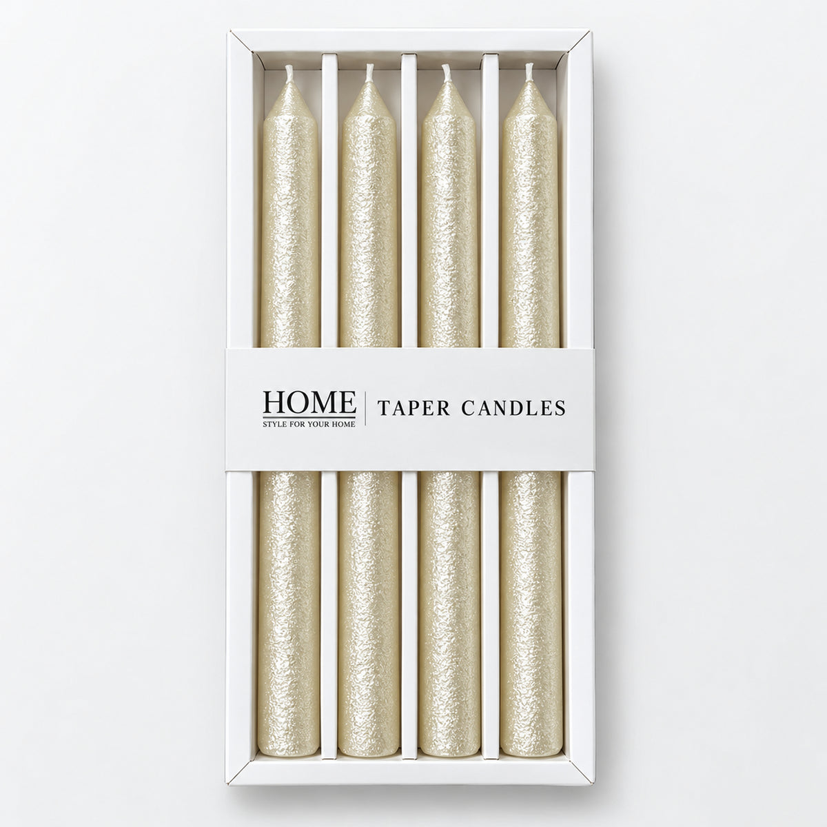 Ivory pearl metallic taper candles in their window box
